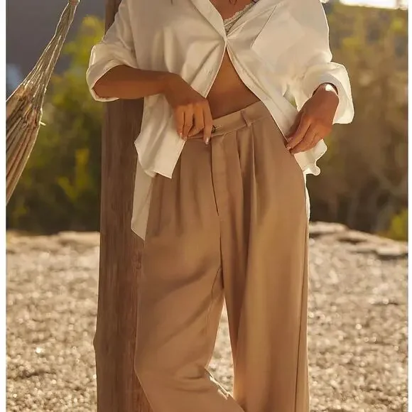 Reformation Mason High Waisted Wide Leg Trouser Pants in Khaki